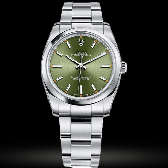 Replica Rolex Oyster Perpetual 34mm Olive Grünes Zifferblatt 2016 114200