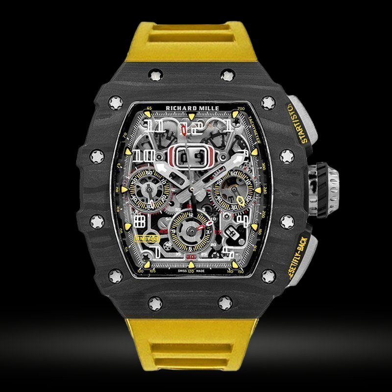 Replica Richard Mille RM 011 Automatik Flyback Chronograph Carbon on Yellow Kautschukarmband