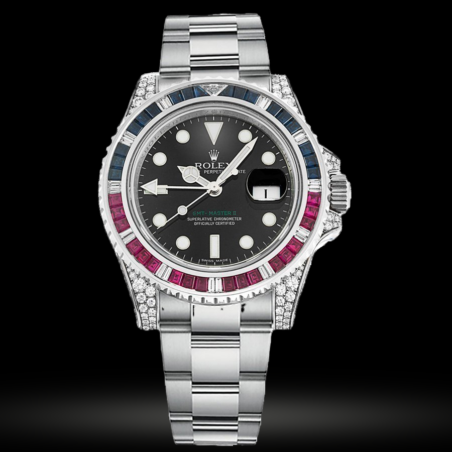 Replica Rolex GMT-Master II Weißgold Diamanten mit sapphires rubies 116759 SARU