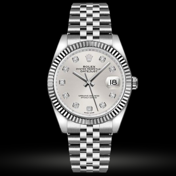 Replica Rolex Datejust 36 Weißes Rolesor 116234 Silver set mit Diamanten Jubilee-Armband