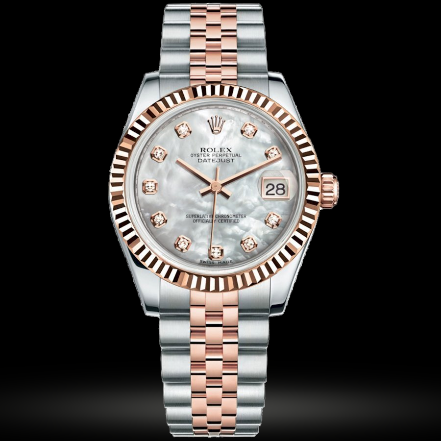Replica Rolex Datejust 31 Everose Rolesor Geriffelte Lünette Bezel Jubilee 178271 mother of pearl Diamant dial