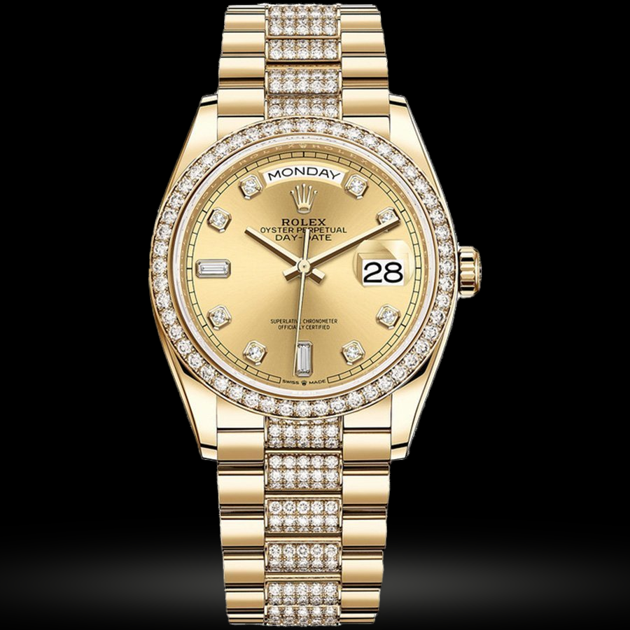 Replica Rolex Day-Date 36 Gelbgold Bezel set mit Diamant President Bracelet 128348rbr-0010