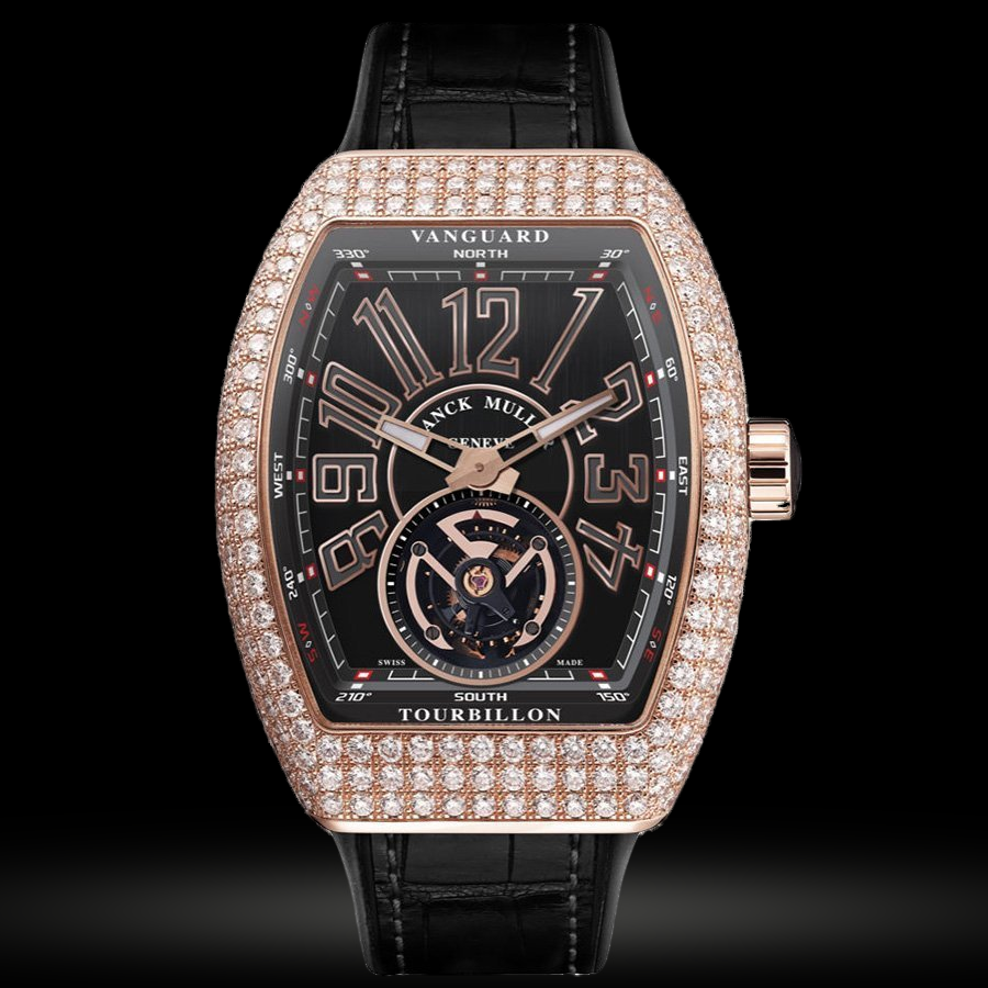 Replica Franck Muller Vanguard Tourbillon 45 mm V 45 T D Diamant Roségold Schwarz Lederarmband