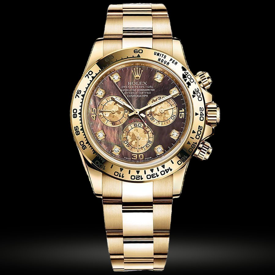 Replica Rolex Cosmograph Daytona Gelbgold 116508 Schwarz mother-of-pearl set mit Diamanten