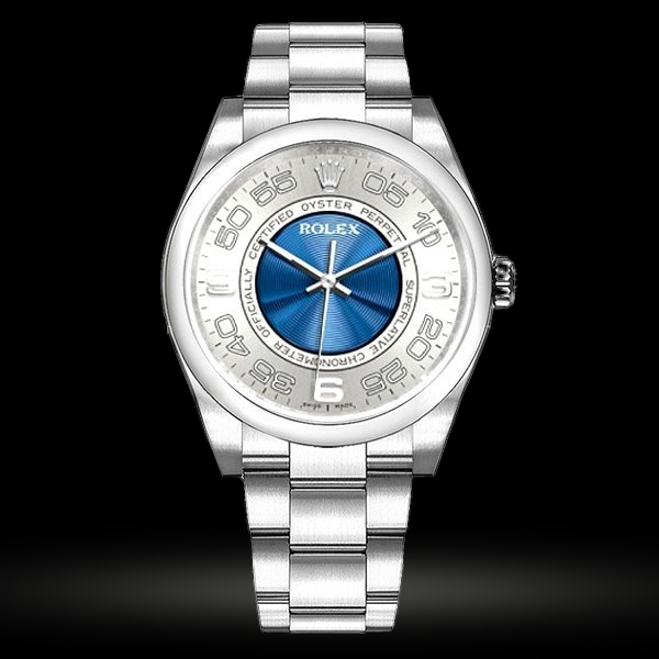 Replica Rolex Oyster Perpetual silver und Blaues Zifferblatt arabic 116000