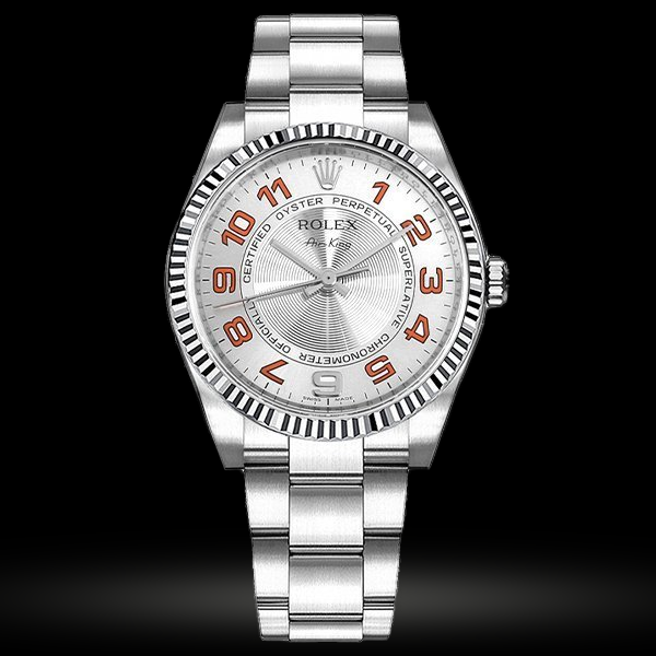 Replica Rolex Oyster Perpetual Silberfarbenes Zifferblatt Orange Arabic numerals 114234