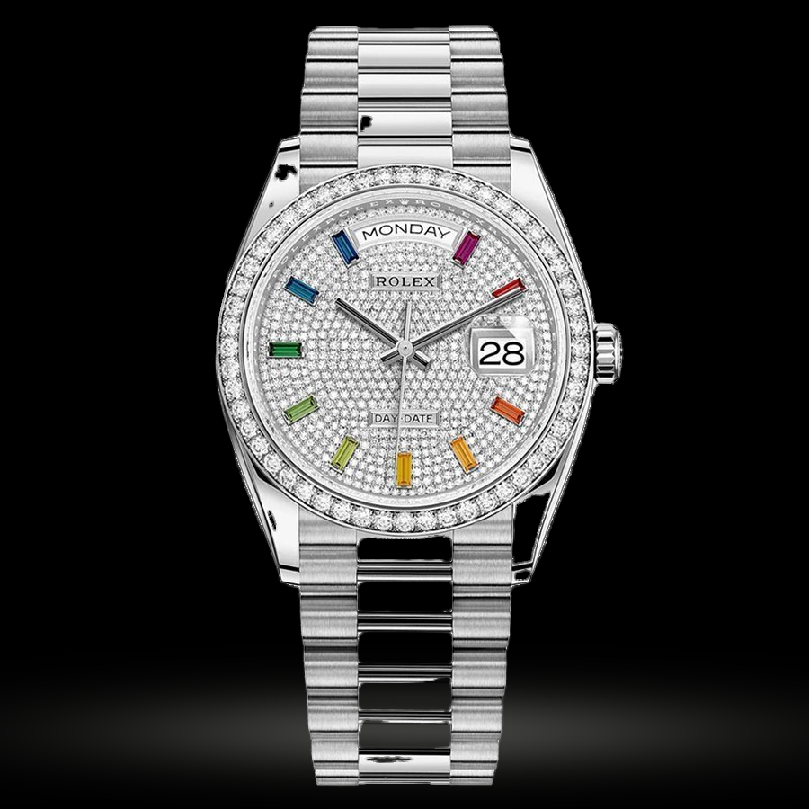 Replica Rolex Day-Date Damen Diamant-paved rainbow sapphires 128349RBR